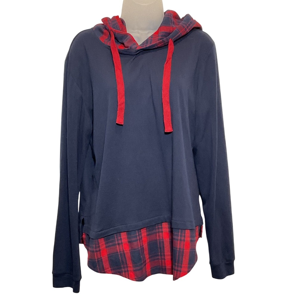 DJT Red Plaid Navy Blue Hoodie Layered Look Women XL Christmas Grunge‎ X-Large